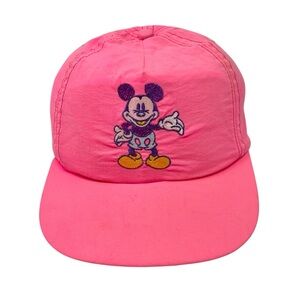 Vintage Disney Embroidered Mickey Mouse Baseball Hat 80s Unisex Flourescent Pink
